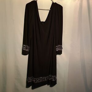 Elegant Black Beaded Cocktail Dress – Draped Back – Long Sleeve Evening Dress